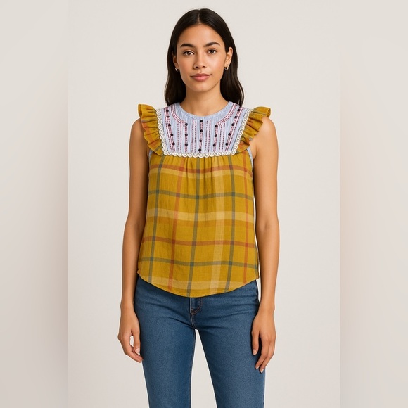 Anthropologie THML Embroidered Ruffle Sleeveless Boho Lightweight Blouse Top - Picture 1 of 7